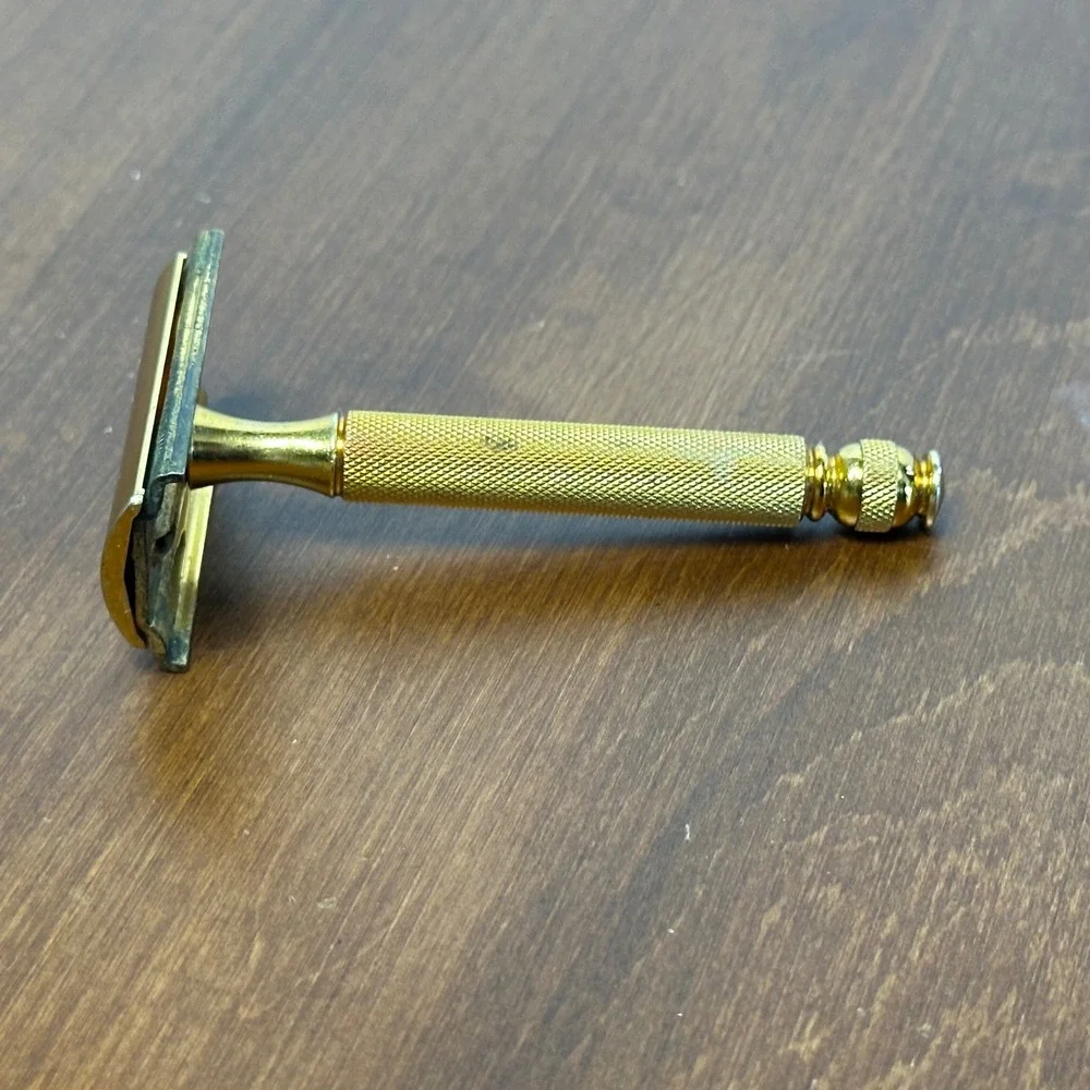 Vintage Gillette Tech Safety Razor Gold Tone 3 Piece Made in USA